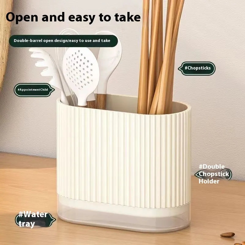 Plastic wall-mounted chopsticks basket with spoon holder in beige, dark green, or orange showing cross-border drainage design