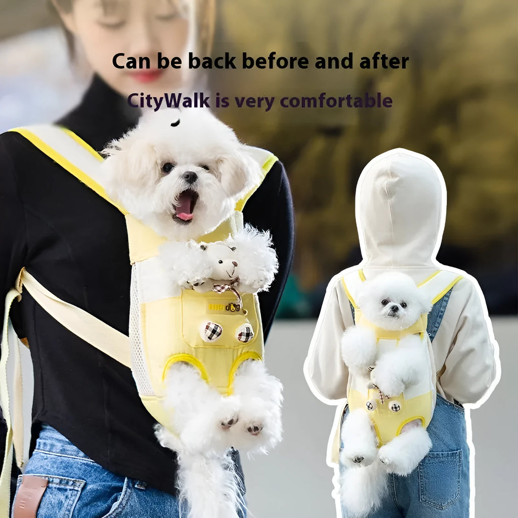 Cartoon animal print pet chest bag in soft canvas with colourful stitching, shown in Beka yellow bear design.