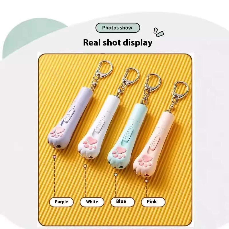 USB rechargeable cat teaser wand with LED lights in pink, cream, or sky blue