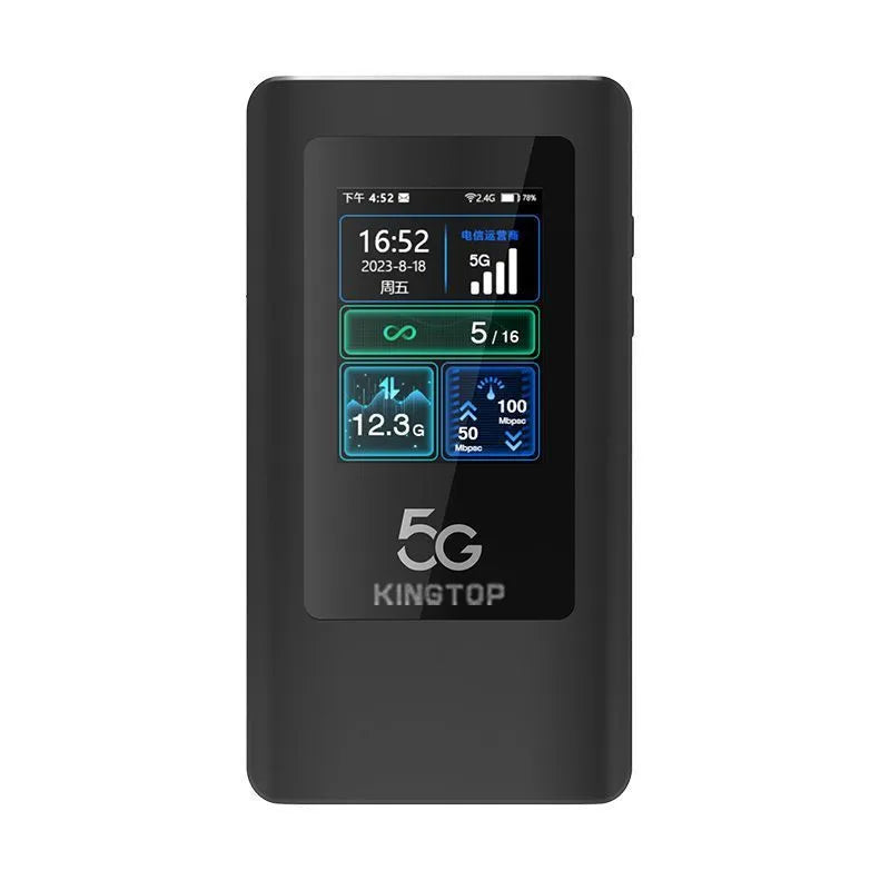 Black portable 5G Wi-Fi router with LCD display showing signal strength and battery level.