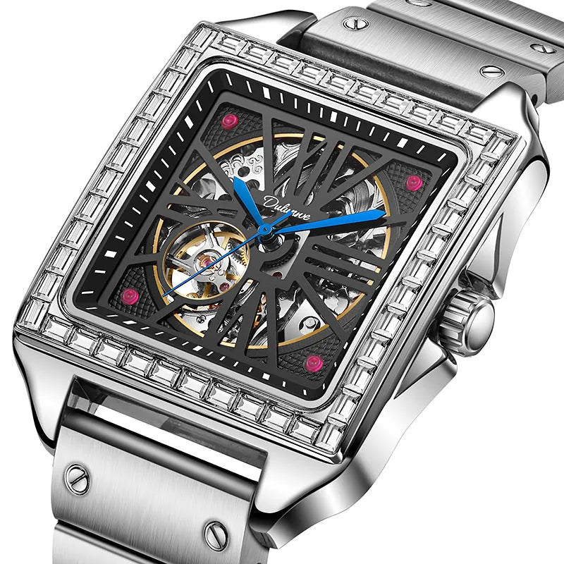 Men's square automatic watch with diamond-studded design on stainless steel case
