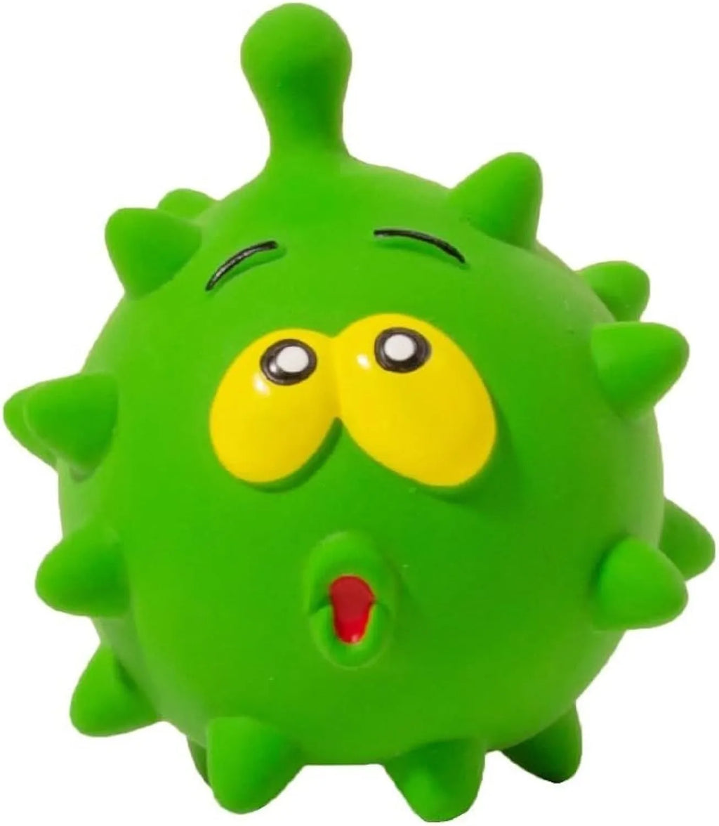 Set of four colourful squeaky latex dog balls with cute faces, shown next to a dog.