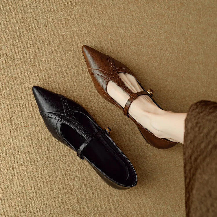 Women's brown cowhide leather flat shoes with rounded toe and soft sole design
