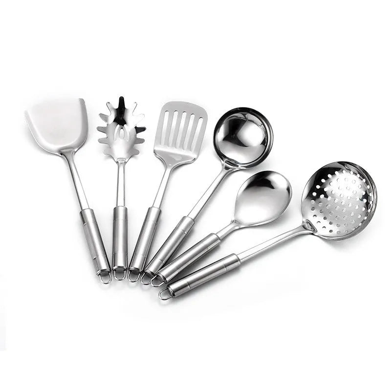 6 piece stainless steel kitchenware set with anti-scalding handles, including shovel, soup spoon, colander, frying shovel, rice spoon and vermicelli