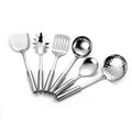 6 piece stainless steel kitchenware set with anti-scalding handles, including shovel, soup spoon, colander, frying shovel, rice spoon and vermicelli