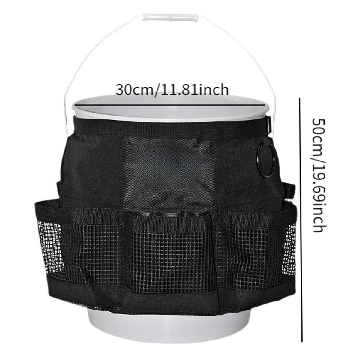 Black cylindrical polyester storage bag fitted onto a 5-gallon bucket for holding car wash tools and fishing gear.