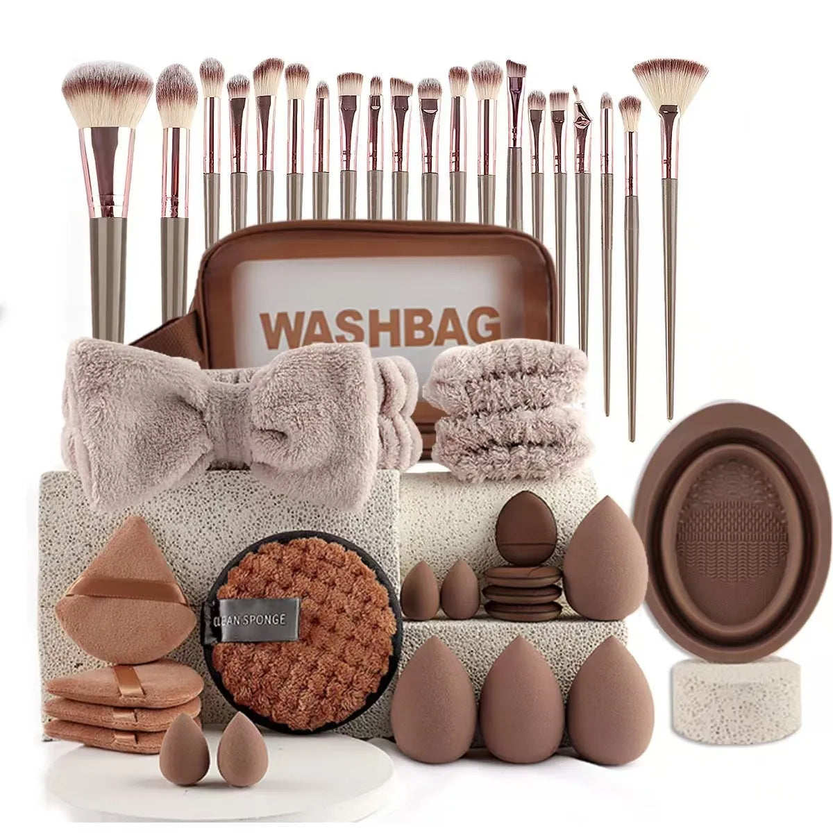 Beauty tool combination set with hydrophilic non-latex material in brown, pink, and purple colours