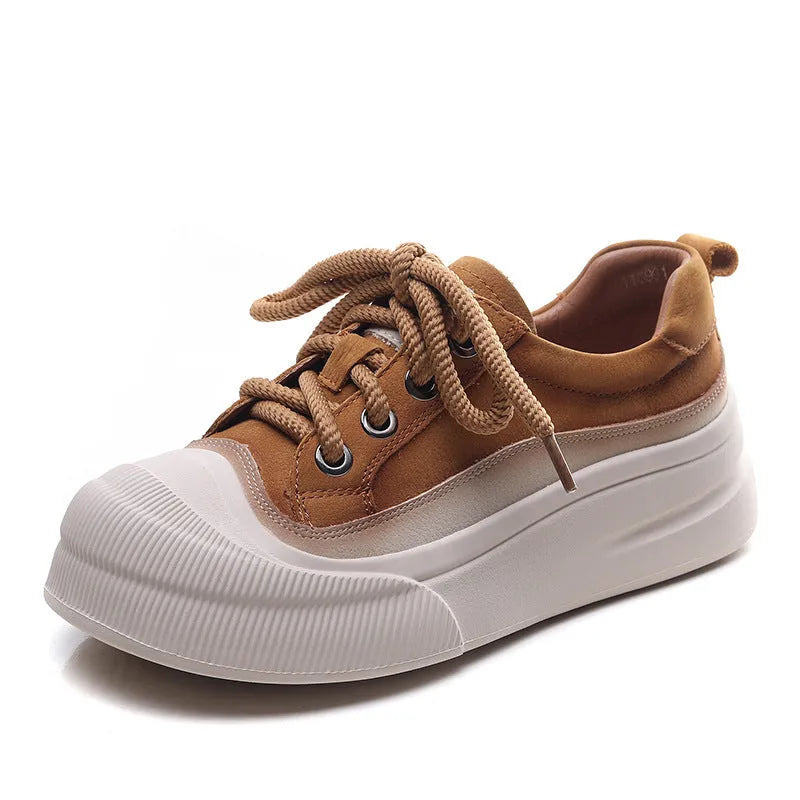 Women's lace-up casual leather shoes in yellow and cameo brown colours with round toe design