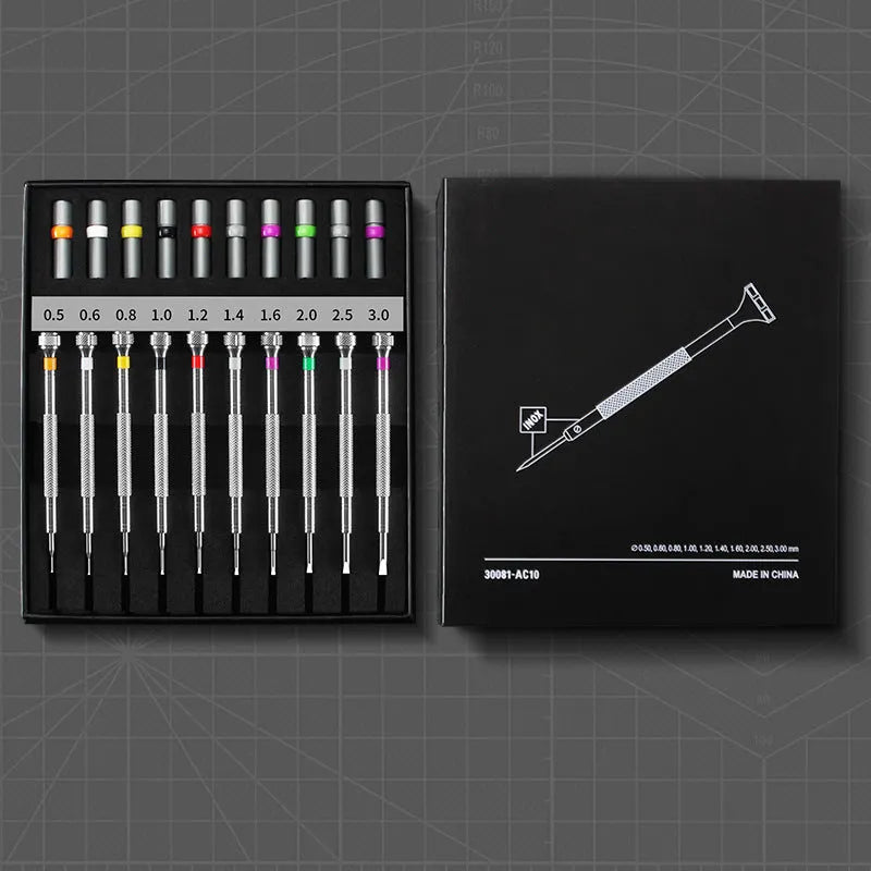 10-piece watch repair screwdriver set with multiple handles and 20 spare drill bits