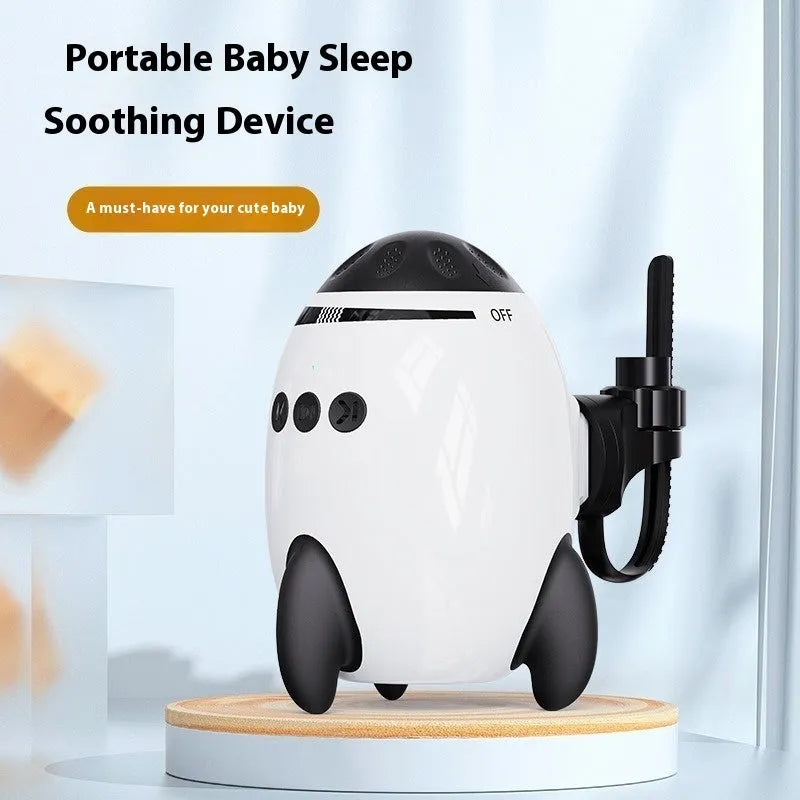 White portable baby stroller shaking device with interactive toys for infant sleep and comfort.