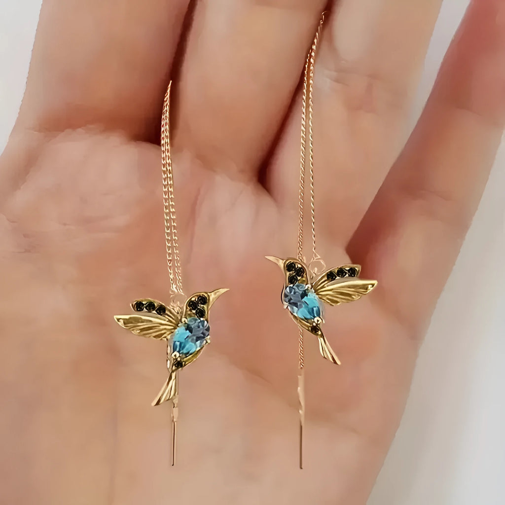 Bird hanging personalised long style earrings with zirconium wing details in blue, red, or red lvzuan colours