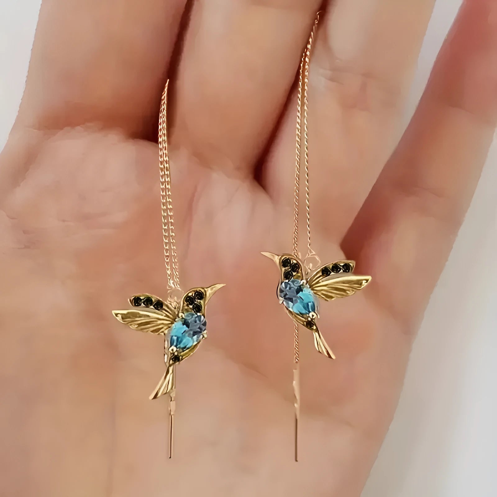 Bird hanging personalised long style earrings with zirconium wing details in blue, red, or red lvzuan colours