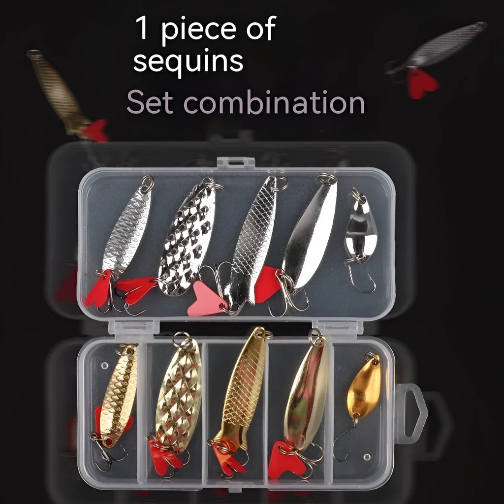 Lure pineapple sequin box containing metal fishing sequins in gold and silver colours for lure building