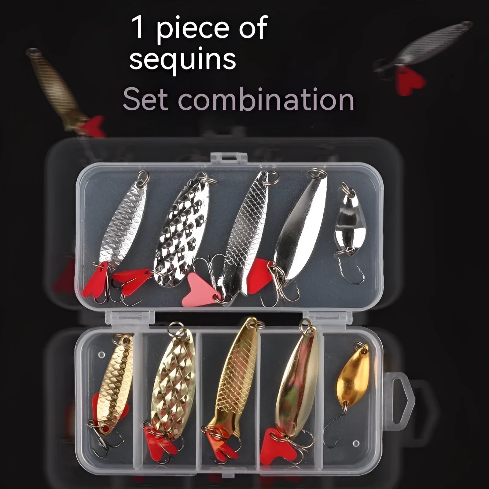 Lure pineapple sequin box containing metal fishing sequins in gold and silver colours for lure building