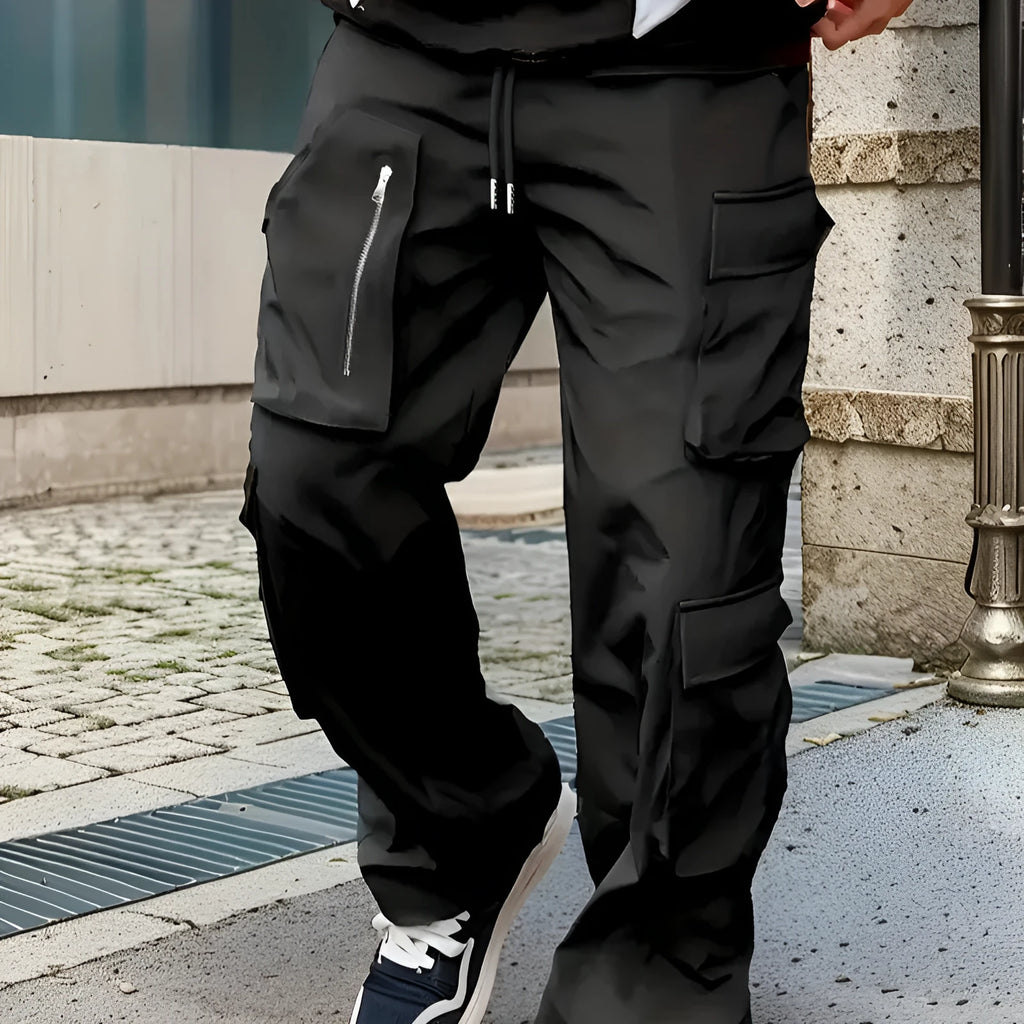 Slim-fit multi-pocket work pants in polyester, spring and autumn outdoor casual trousers, black grey green khaki