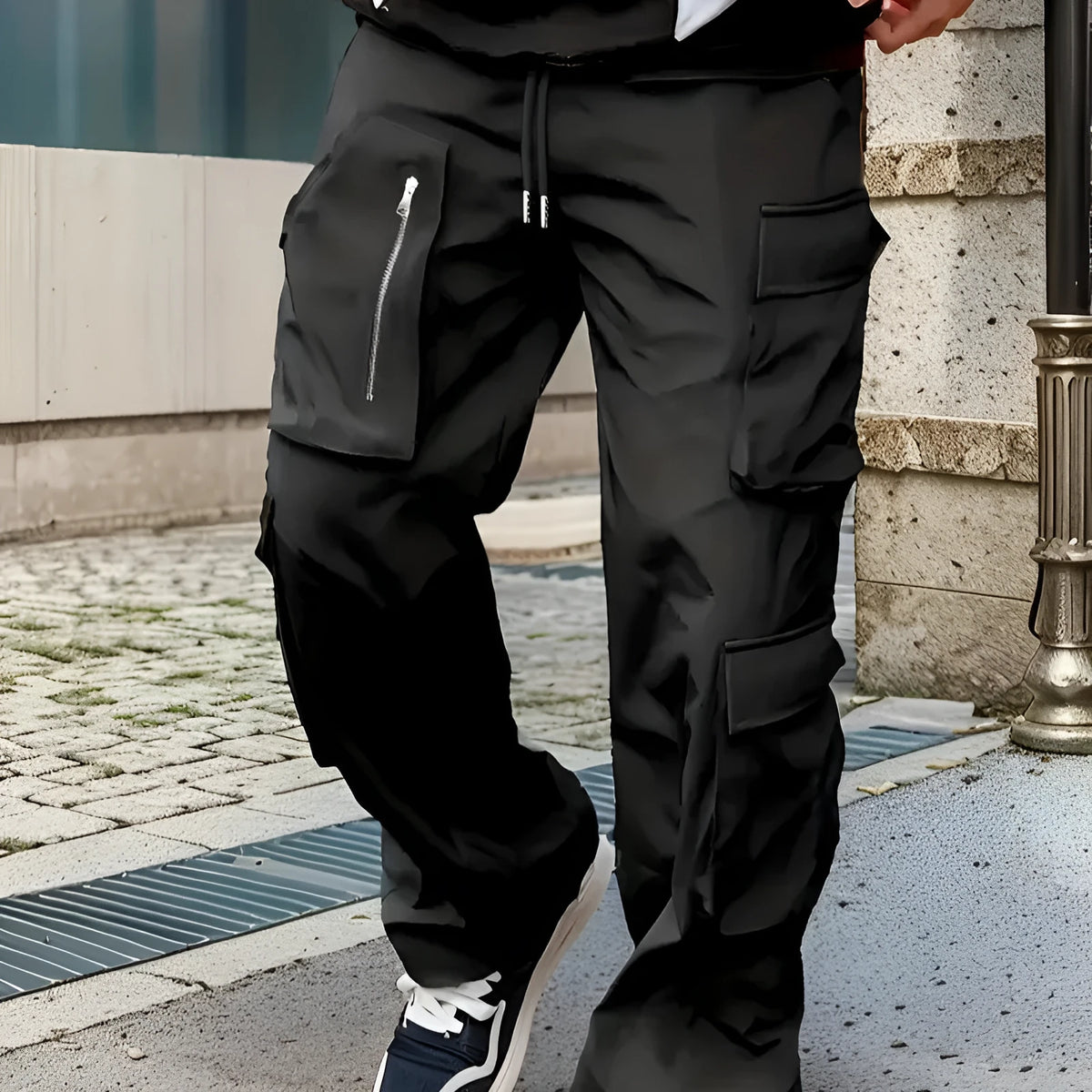 Slim-fit multi-pocket work pants in polyester, spring and autumn outdoor casual trousers, black grey green khaki