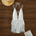White one-piece swimsuit with deep V-neck and tassel detail, sleeveless briefs style