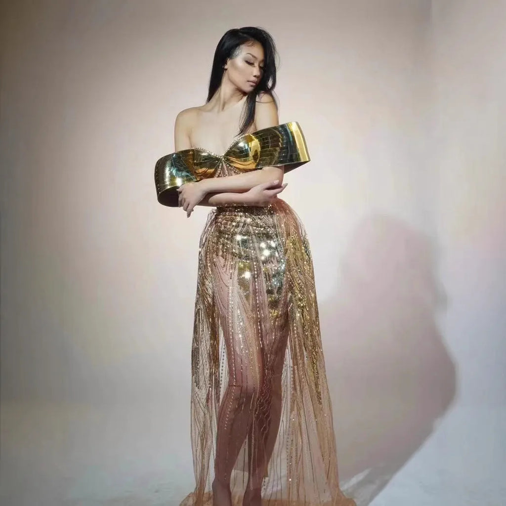 Gold strapless sequin dress with tulle overlay and side split, formal evening gown for women