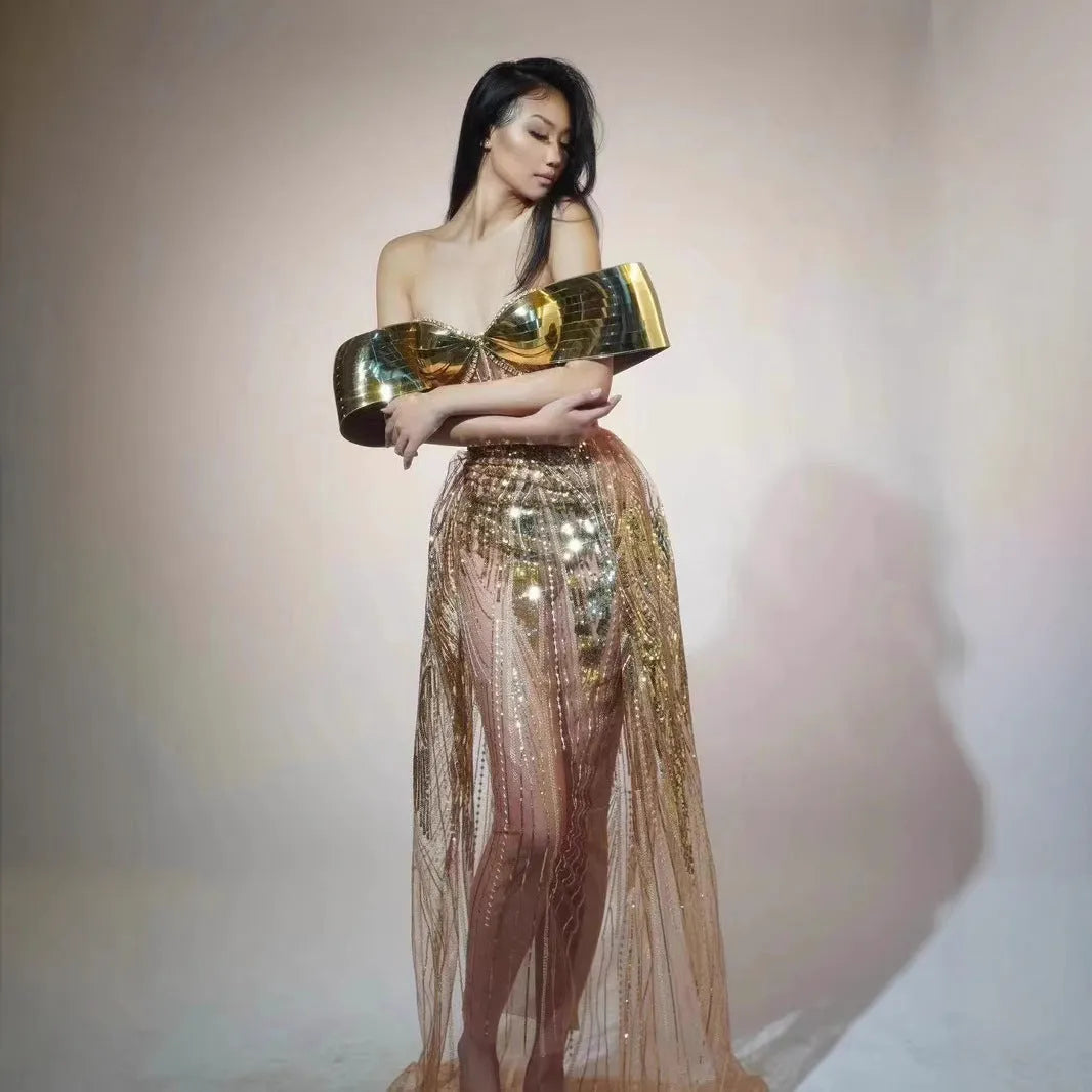 Gold strapless sequin dress with tulle overlay and side split, formal evening gown for women