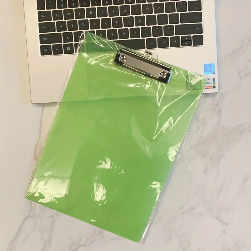 Transparent A4 plastic clipboard with metal clip in blue, green, red or white colour options