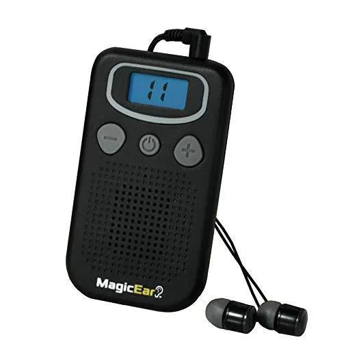Brilliant coloured handheld digital hearing aid booster with a design resembling an FM radio.