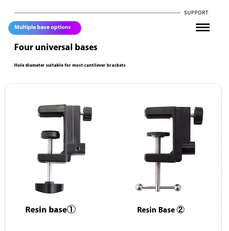 Black foldable metal desktop cantilever bracket holding a tablet at an angle.