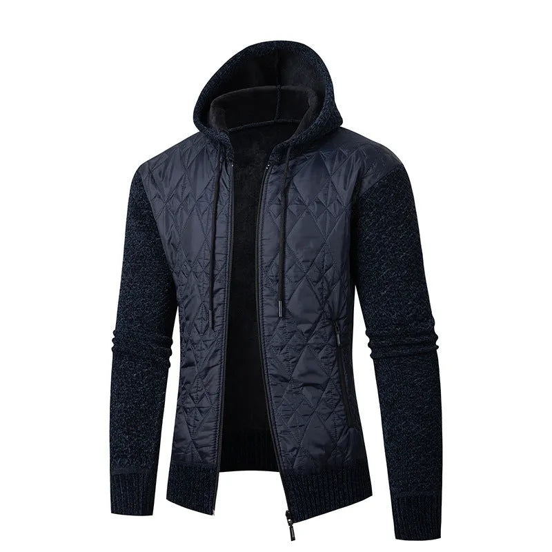 Men's grey hooded corduroy sweater coat with a cinched waist, shown on a hanger.