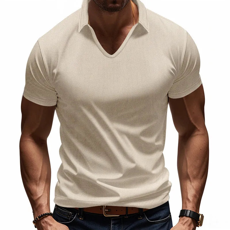 Men's V-neck short sleeve t-shirt in apricot colour with loose casual fit and thin cotton blend fabric