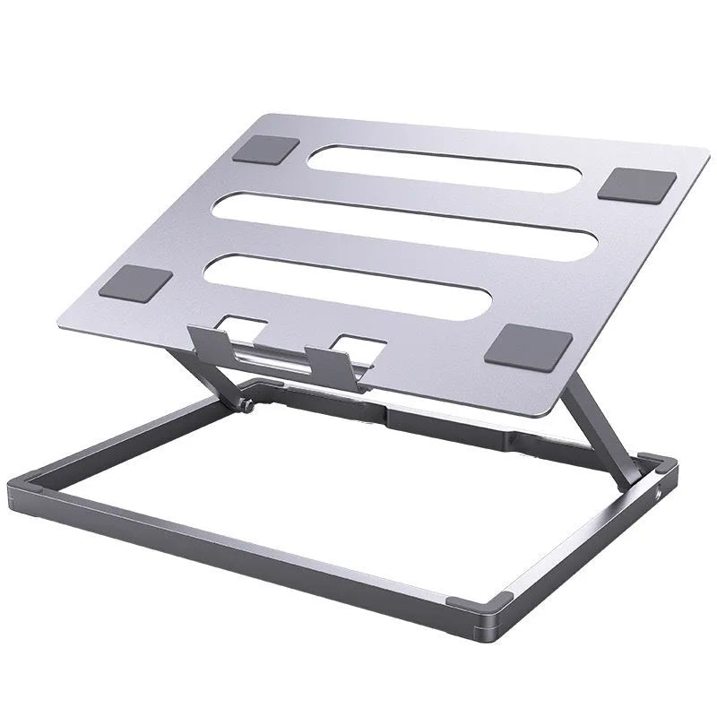Silver aluminium alloy folding laptop cooling rack on a wooden desk.