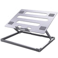 Silver aluminium alloy folding laptop cooling rack on a wooden desk.