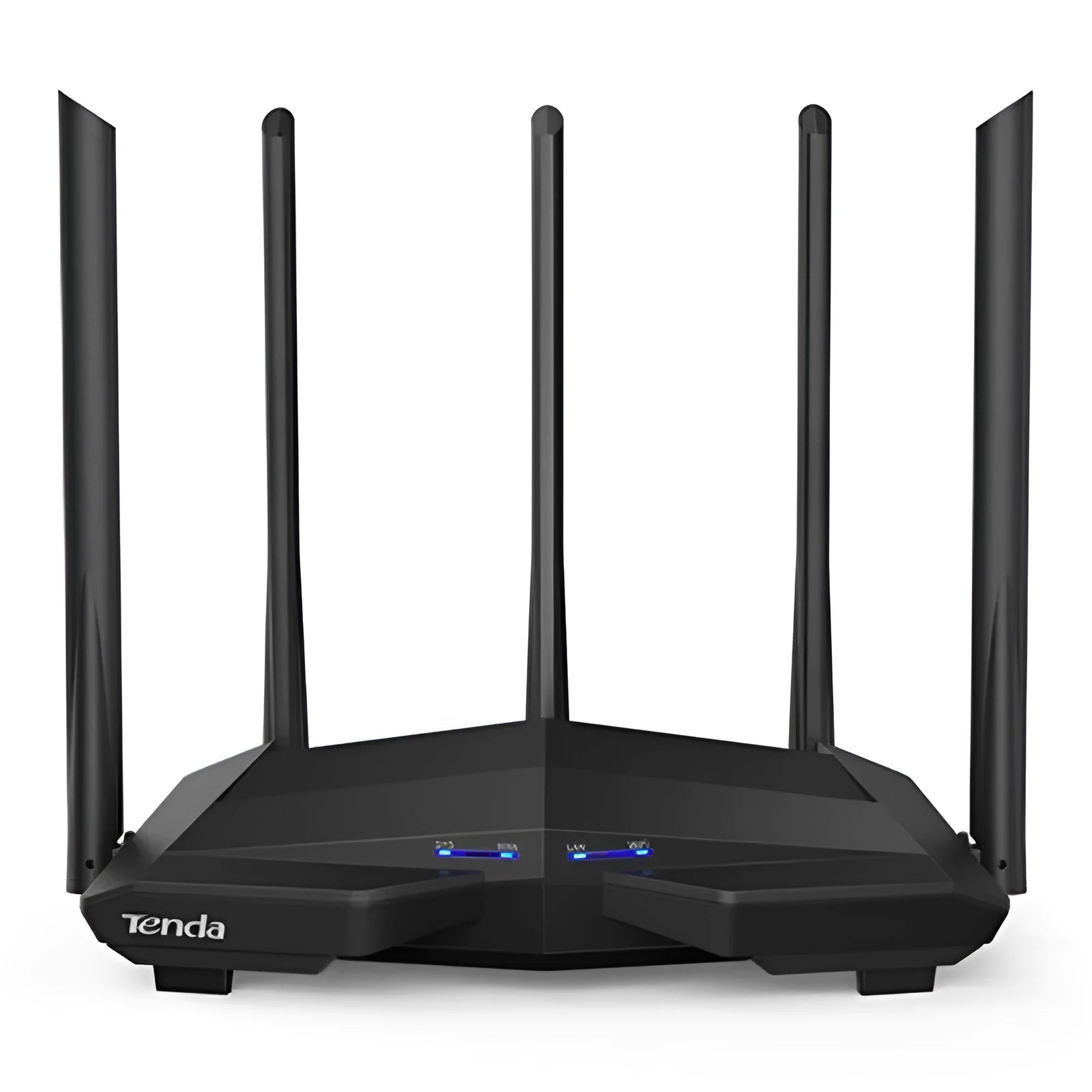 Black AC11 wireless router showing Gigabit WAN and LAN ports with 8-pin pure copper connectors.
