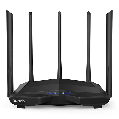 Black AC11 wireless router showing Gigabit WAN and LAN ports with 8-pin pure copper connectors.