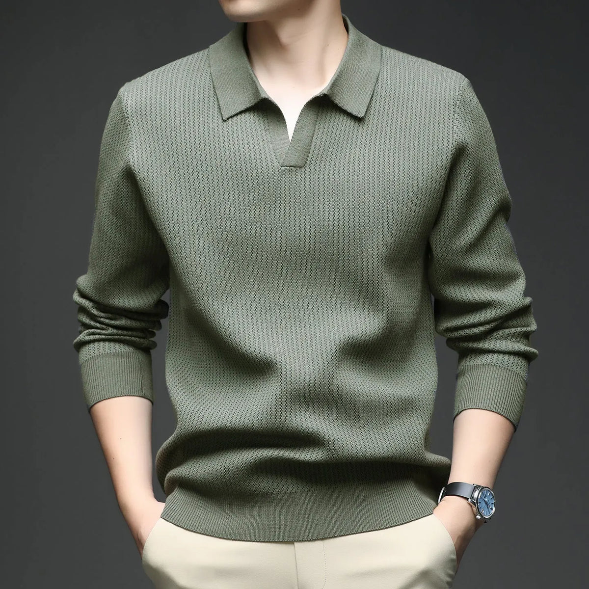 Men's loose-fitting casual pullover sweater in autumn colours on a hanger