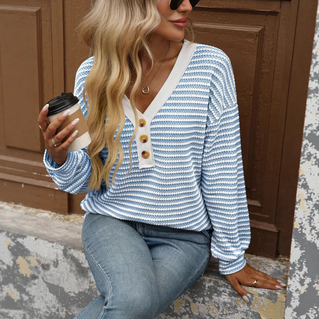 Women's V-neck casual pullover top with patchwork detailing in imitation cotton polyester fabric