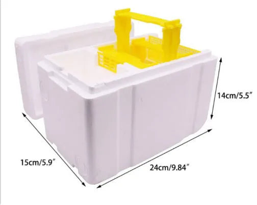 Three white EPS foam bee delivery boxes for beehive frame and queen transport.