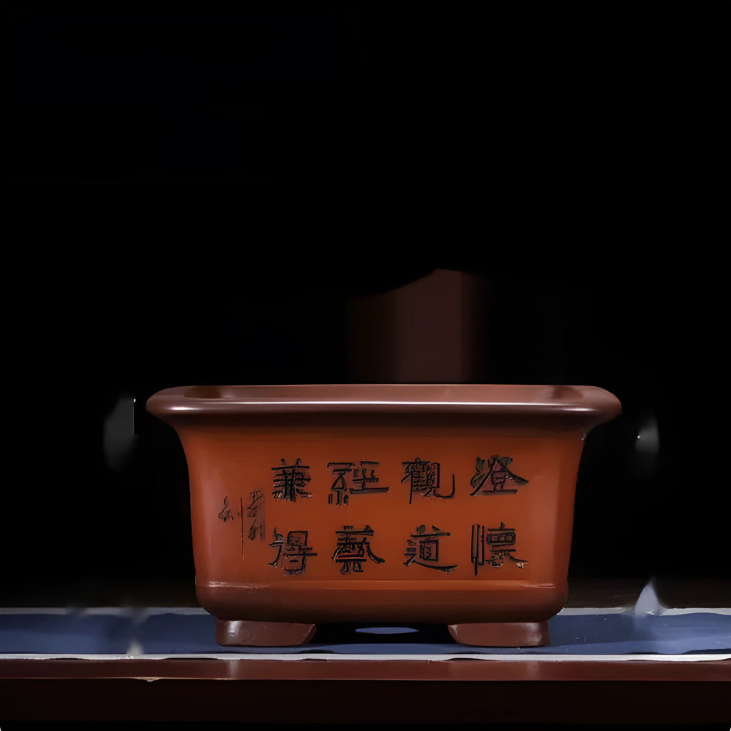 Chinese style purple clay bonsai flower pot in antique carved design for indoor living room plant display
