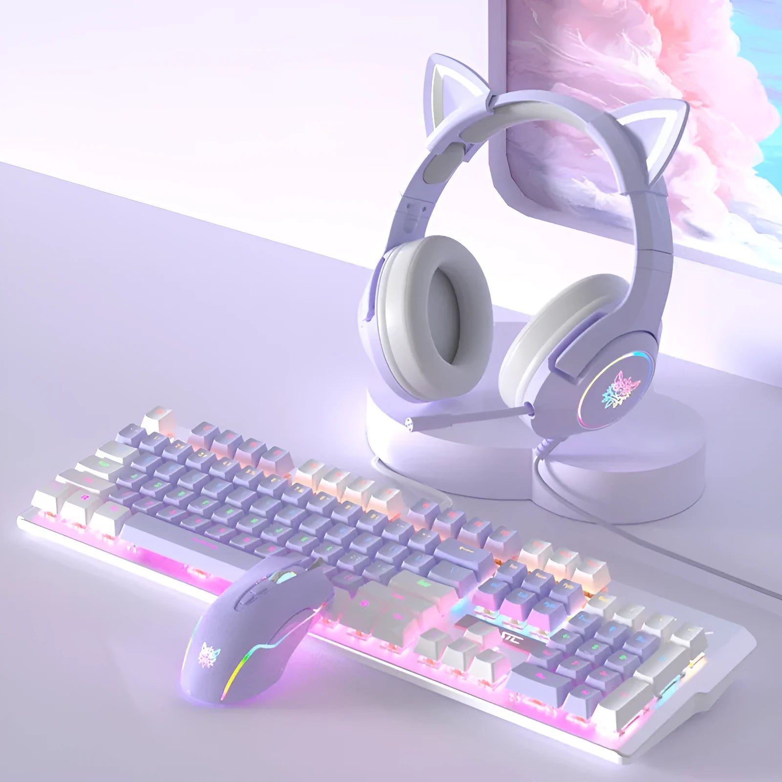Purple and white mechanical keyboard and mouse gaming bundle with backlighting