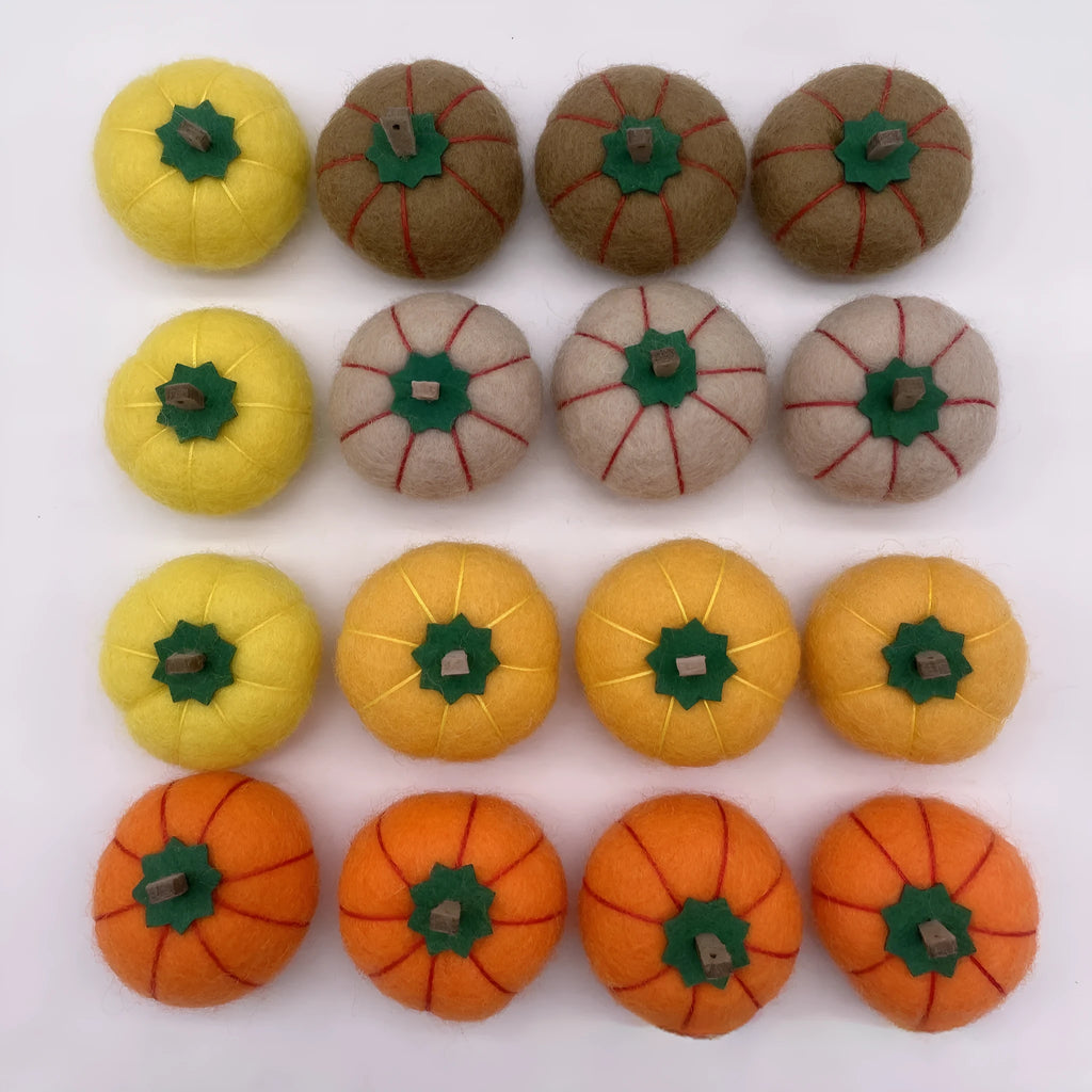 Wool felt pumpkin ornaments for doll displays in autumn colours