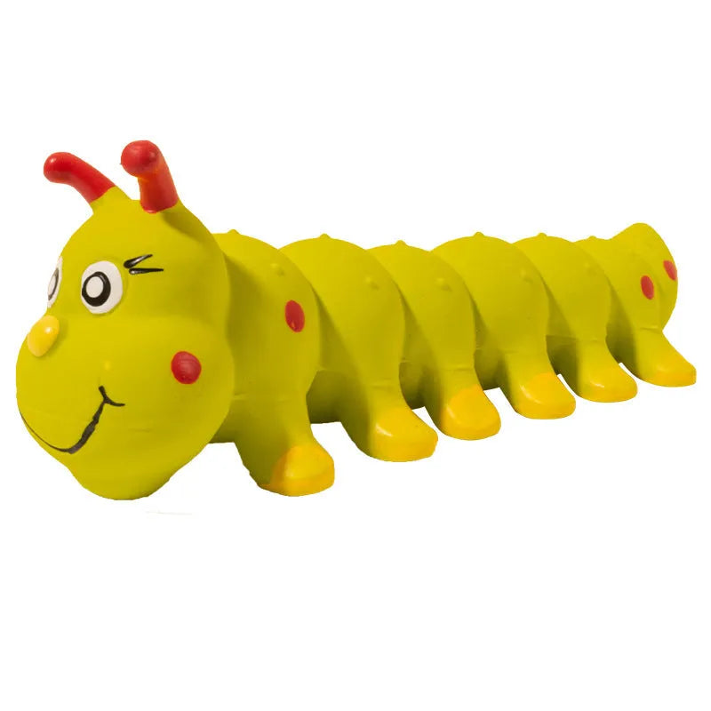 Yellow rubber caterpillar-shaped dog squeaky chew toy on a white background