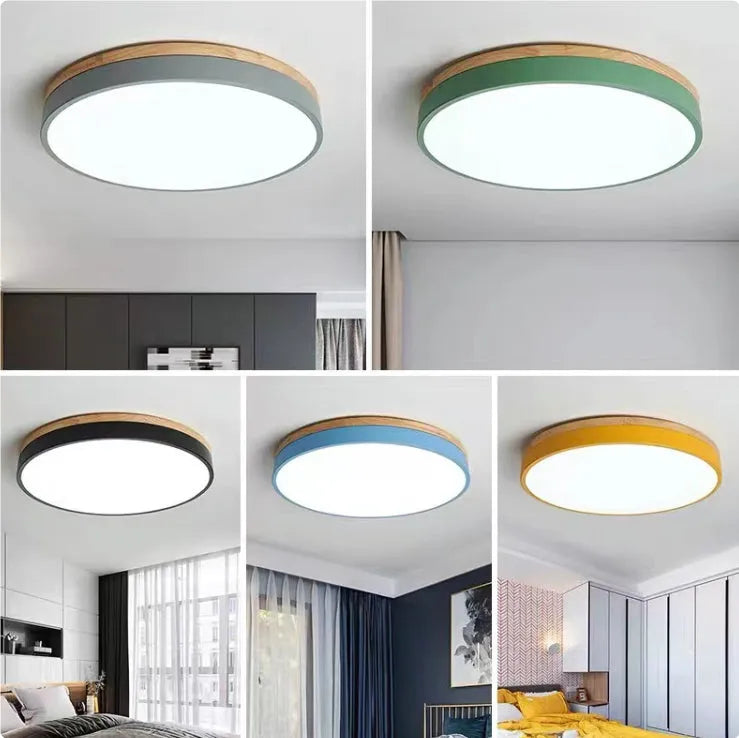 Round wooden ceiling lamp in modern simple style with 60cm diameter and black light source option