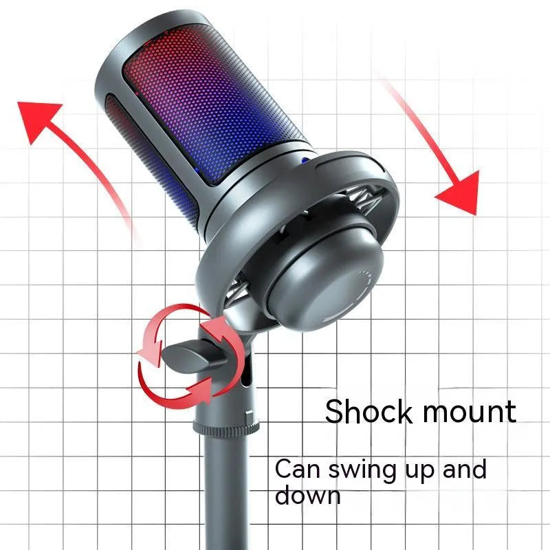 RGB condenser USB microphone in black, white, or pink colour with a 150cm cable.