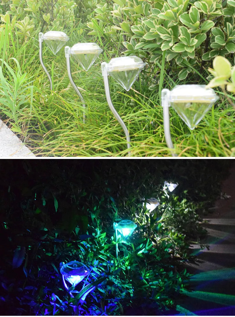 White solar-powered LED garden spotlight with adjustable head on a stake for outdoor use.