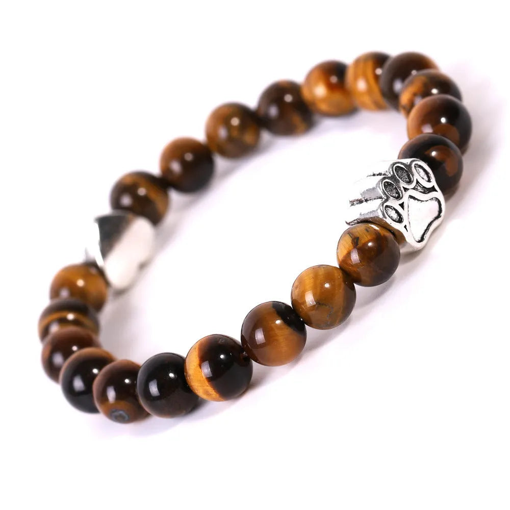 Polished tigereye and Indian agate bracelet with a geometric dog's paw design and love heart charm.