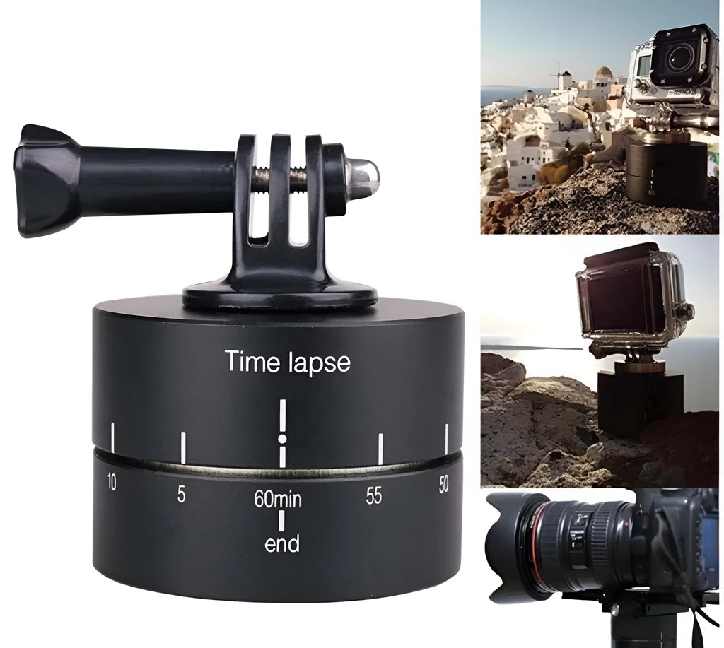 Lapse 360 automatic rotating camera tripod head for time-lapse filming with GoPro, SLR, and iPhone cameras