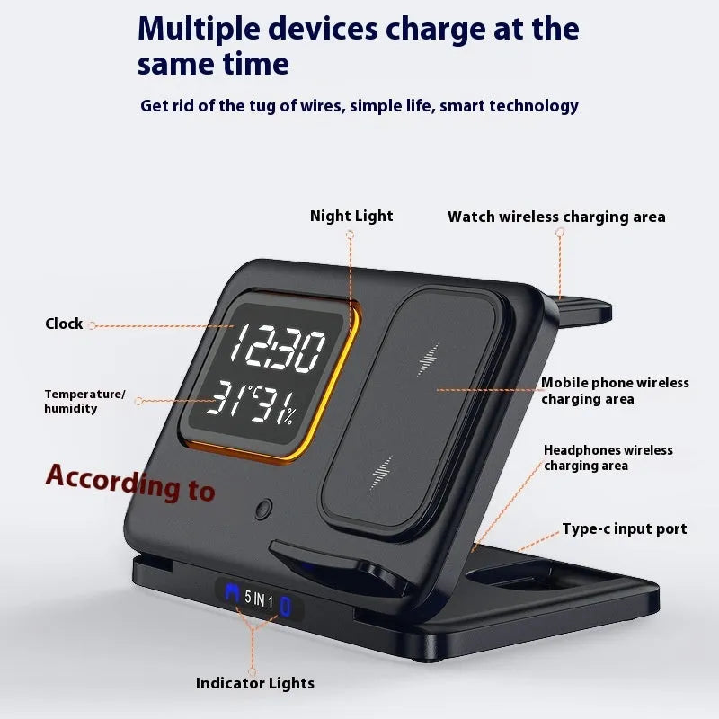 Black and white 15W wireless charging stand with LED digital display showing time, humidity and temperature readings