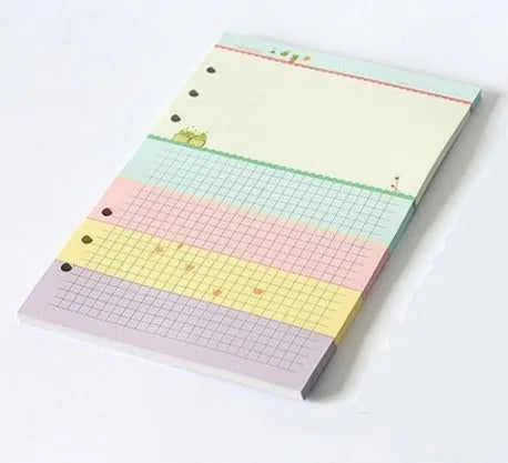 Colored A5 binder filler paper sheets in different styles including lined, grid, and weekly plan