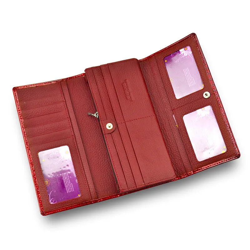 Women's leather coin purse with patent finish and crocodile pattern in red, wine red, and black colour options