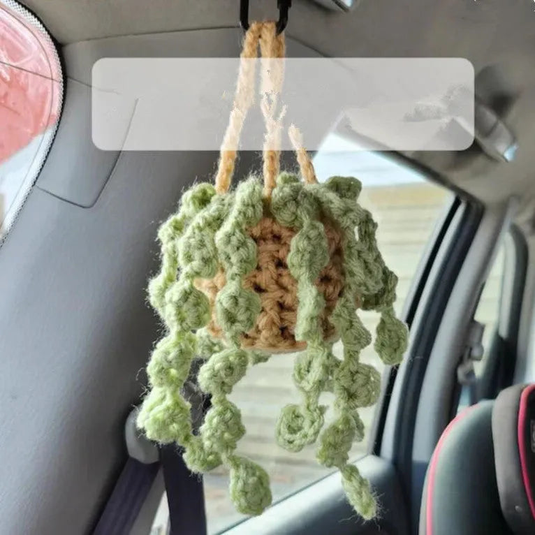 Green and white knitted wool macramé car air plant holder with hanging cord