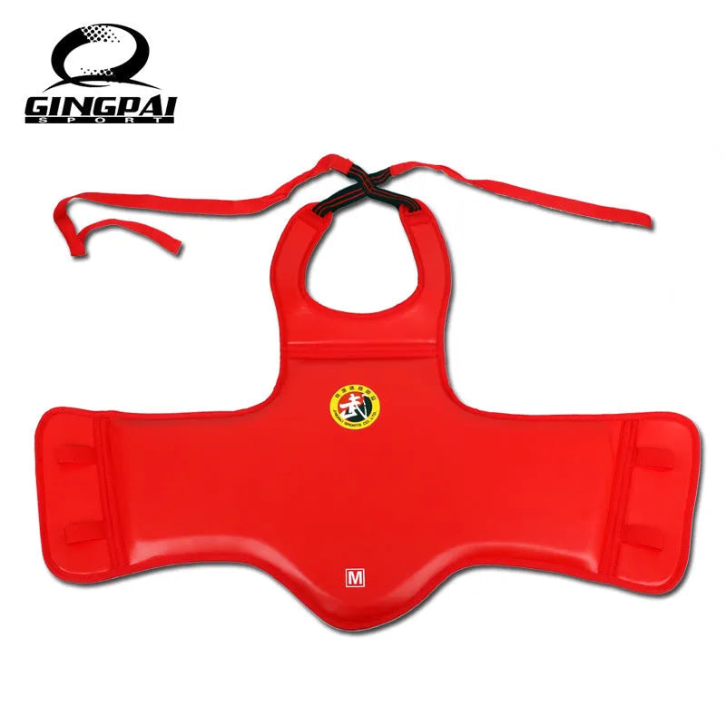 Red one-piece boxing helmet chest protector for fighting training, shown with sizes S, M, L available.