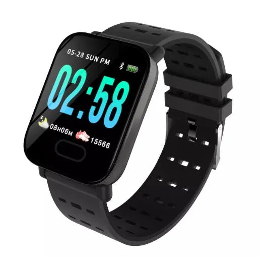 A6 smart bracelet with 1.3-inch colour screen in blue, black, or orange with silicone strap and zinc alloy construction